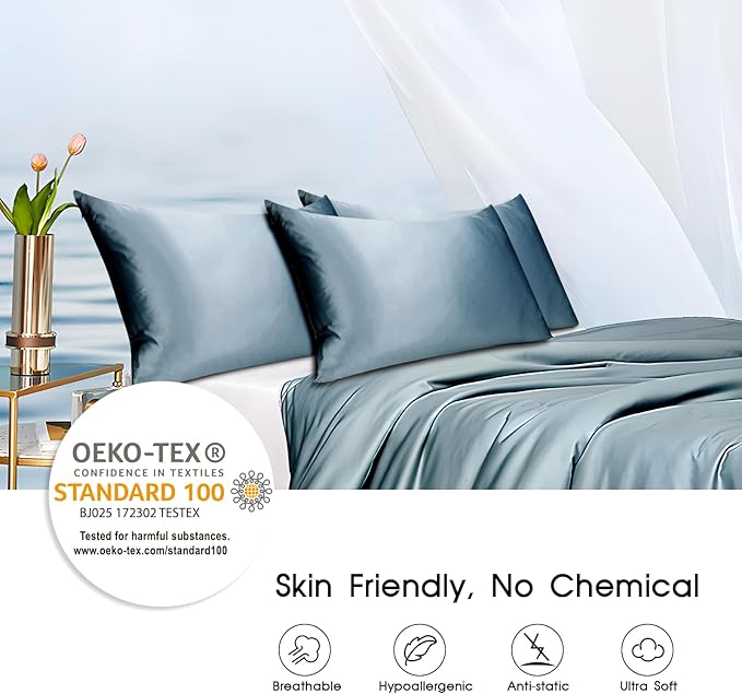 100% Mulberry Silk Zippered Bed Pillowcase for Hair and Skin,Zip Up Real Silk Large Pillow Case,19 Momme Grade 6A,1pc,Ash Blue,Super King Size 20x36 Inches