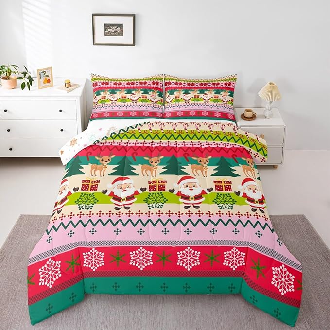 Feelyou Merry Christmas Comforter Set Toddler Size Santa Claus Bedding Set for Kids Boys Girls Cute Deer Duvet Quilt Snowflake Bedroom Decor Microfiber 2 Pcs with 1 Pillow Cases