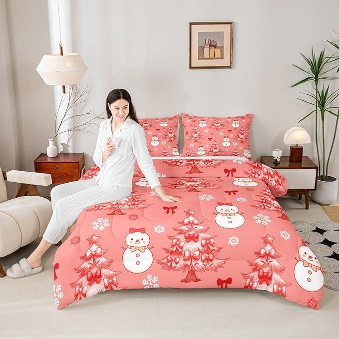 Feelyou Merry Christmas Kids Comforter Set Queen Size Cute Snowman Bedding Set Cartoon Bowknot Duvet Quilt for Kids Boys Girls Bedroom Christmas Tree Decor Microfiber Ultra Soft Breathable