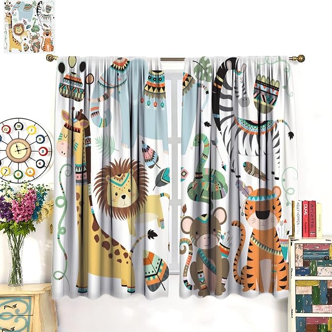 Jungle Tribal Animals Curtains, Southwest Aztec Cartoon Funny Zoo Animals Giraffe Lion Elephant Zebra Tiger Print Thermal Insulation Window Drapes for Kids Boys Girls Bedroom Living Room 84x84in