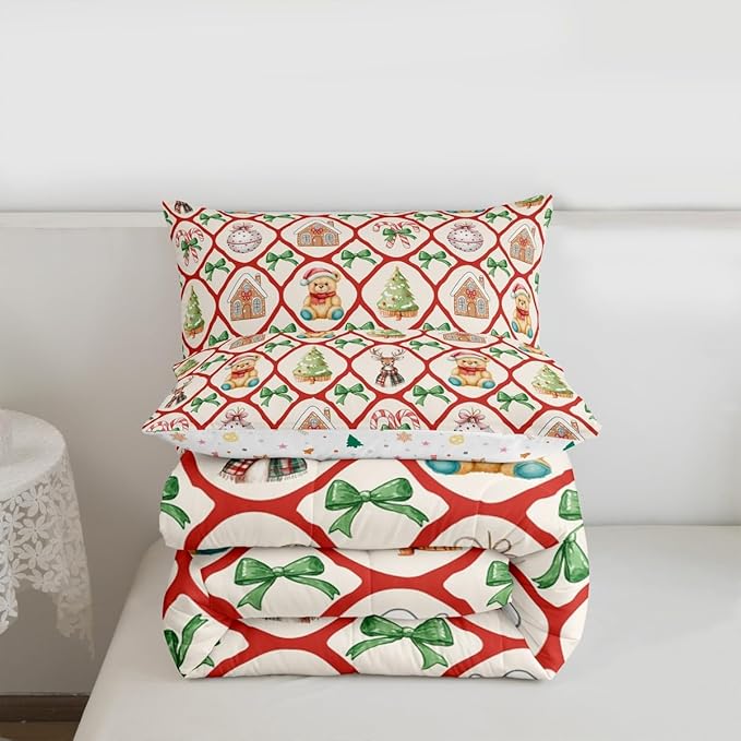 Merry Christmas Kids Comforter Set Queen Size,Kawaii Bowknot Xmas Bear Bedding Set,Room Decor,Pine Tree Geometric Lattice Quilt Comforter,Beige Red Green Duvet Set Bedroom Quilt Set,2 Pillowcases