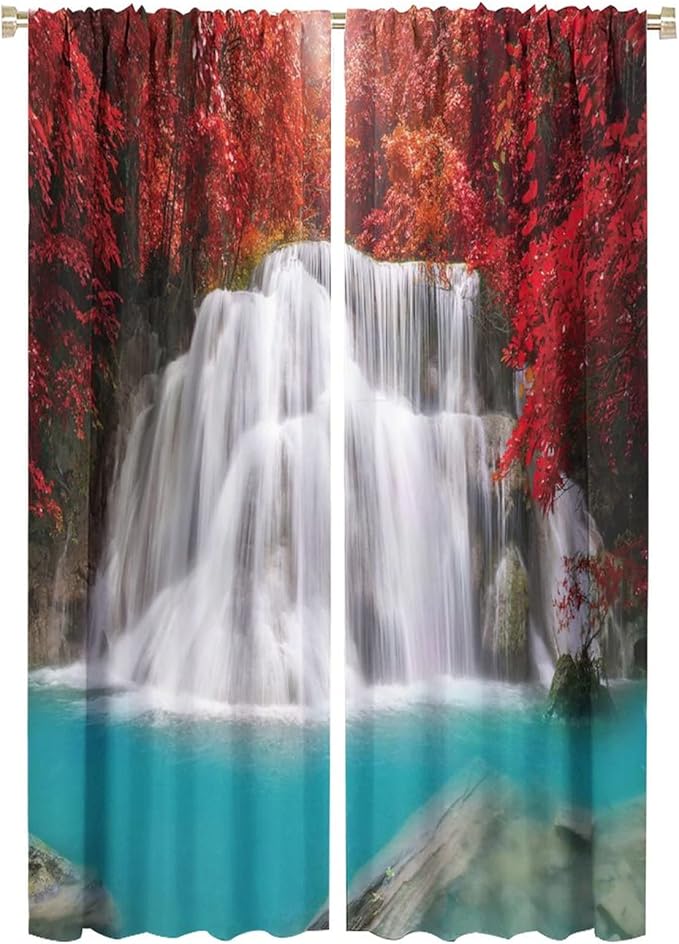 Red Forest Waterfall Blackout Windows Curtains, Tree Landscape Woodland Scenic Nature Fall Scenery Art Printed Curtains, for Living Room Bedroom 52x84in 2 Panels