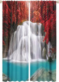 Red Forest Waterfall Blackout Windows Curtains, Tree Landscape Woodland Scenic Nature Fall Scenery Art Printed Curtains, for Living Room Bedroom 52x84in 2 Panels