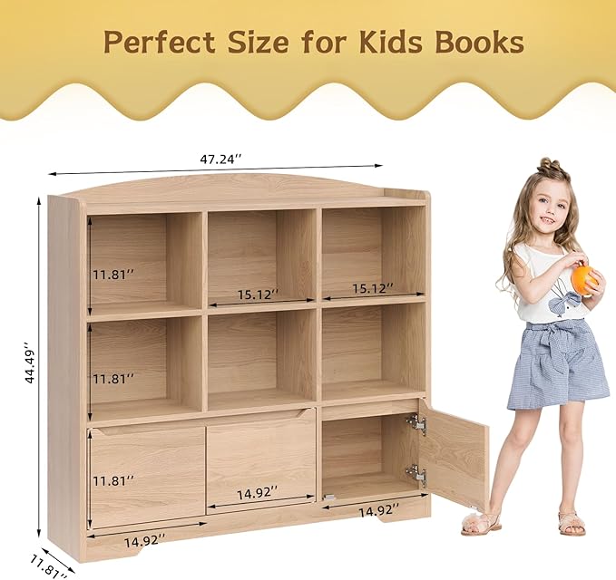 Kids Bookshelf and Toy Organizer, 2 Tier Kids Book Shelf for Kid Rooms with 2 Doors, 6 Cubes Storage Organizer,Wood Children Bookcase,Freestanding Toddler Book Display Shelf for Playroom