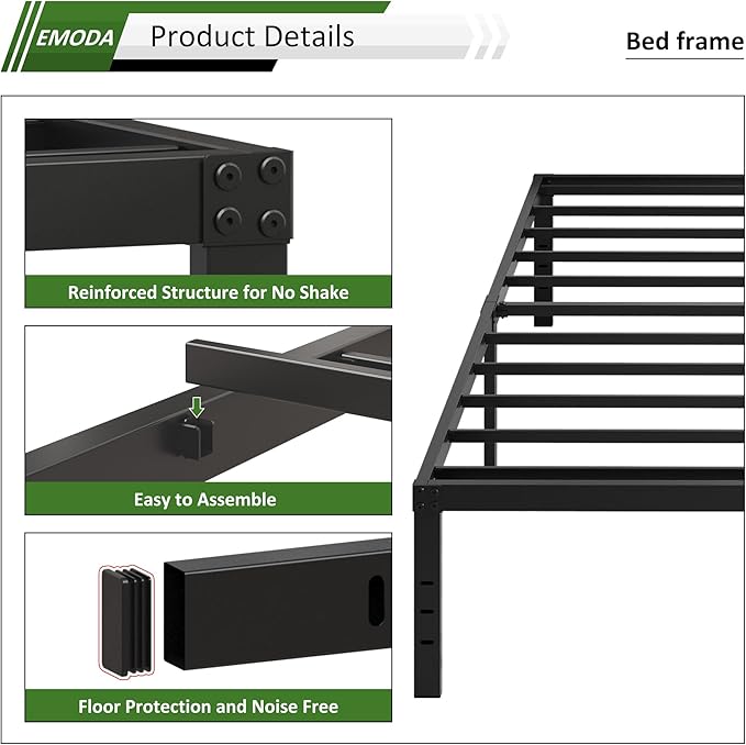 EMODA 18 Inch Twin Bed Frame No Box Spring Needed, Heavy Duty Tall Metal Twin Platform Bed Frames with Large Storage Space, Noise Free, Easy Assembly, Black