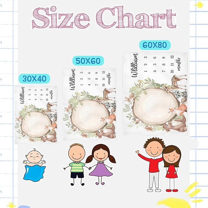 OLIVE OLIVIA Personalized Custom Baby Milestone Blanket, 60"x80", White, Flannel, Throw Blanket, Customized Name, Monthly Milestone Photos, Toddler, Deer, Animals, Warm, Unisex