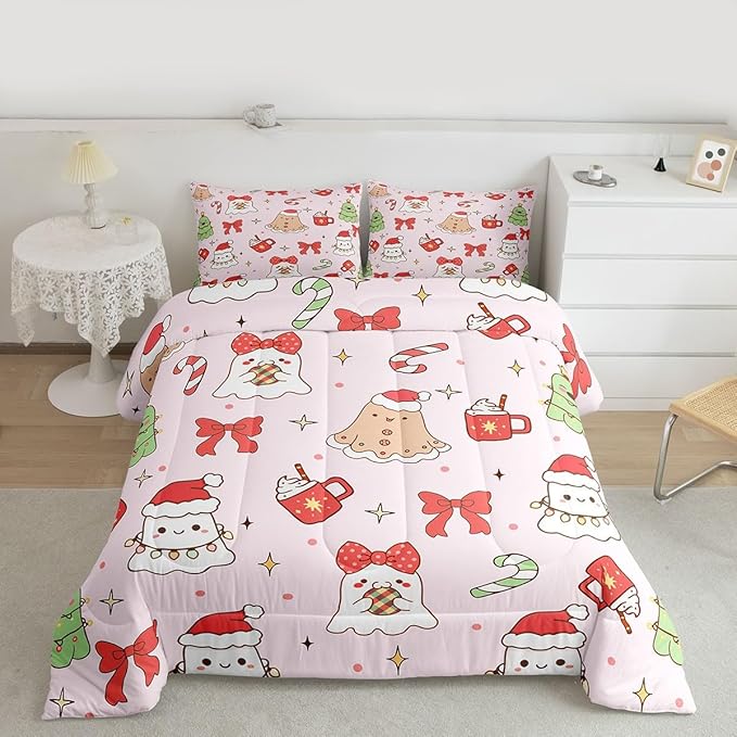 Feelyou Christmas Bedding Set Soft for Boys Girls, Cute Bow Comforter Set Toddler Size Cute Ghost Duvet Quilt Microfiber Coquette Bow Knot Bedroom Decor Candy Print 2 Pcs with 1 Pillow Cases