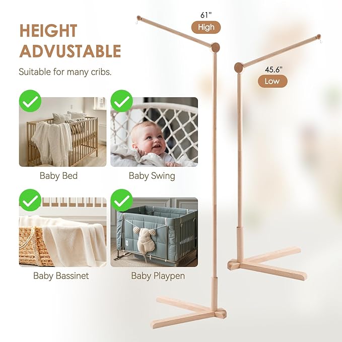 Floor-Standing Wooden Crib Mobile Arm 61 Inch | 360°Adjustable Movable Baby Mobile Hanger | Anti-Dumping Multifunction Mobile Arm for Crib | Adjustable Height Mobile Arm Nursery Decor