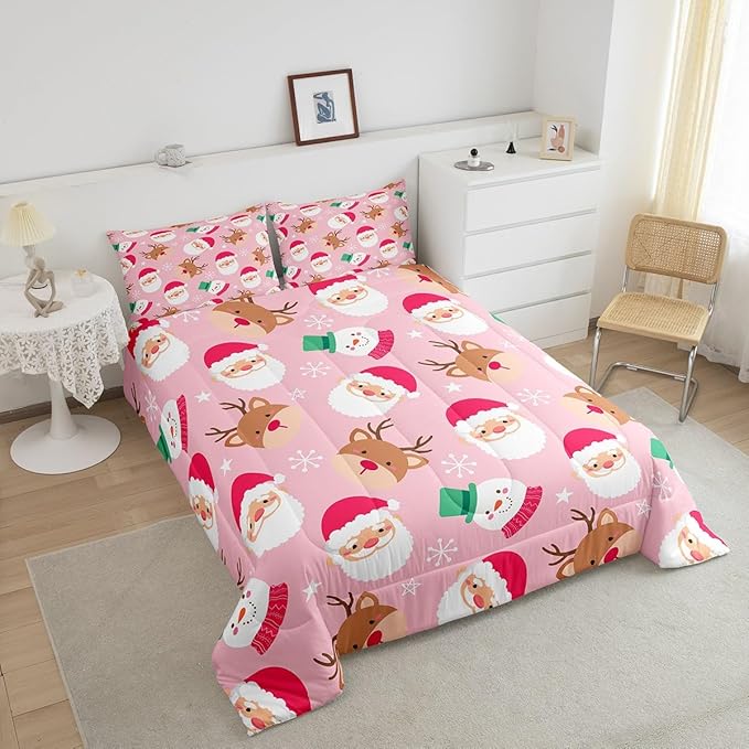 Cartoon Santa Claus Kids Comforter Set Full Size,Cute Snowman Deer Xmas Bedding Set,Boys Girls Adults Room Decor,Merry Christmas Snowflake Down Comforter,Pink Romantic Duvet Insert,2 Pillowcases