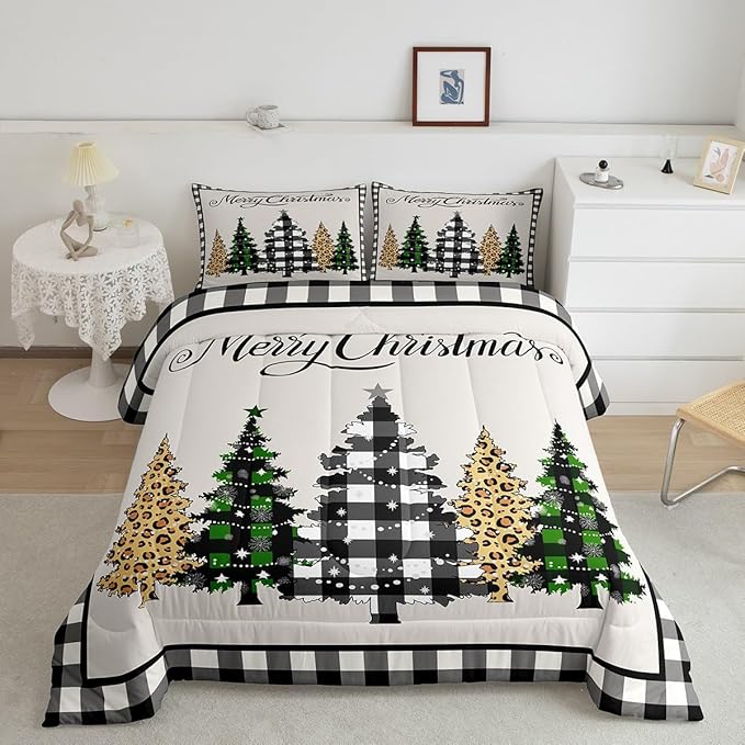 Merry Christmas Kids Comforter Set King Size,Leopard Plaids Pines Trees Bedding,Girls Boys Adults Bedroom/Xmas Cabin Decor,Geometric Grids Retro Down Comforter,Rustic Duvet Insert,2 Pillowcases