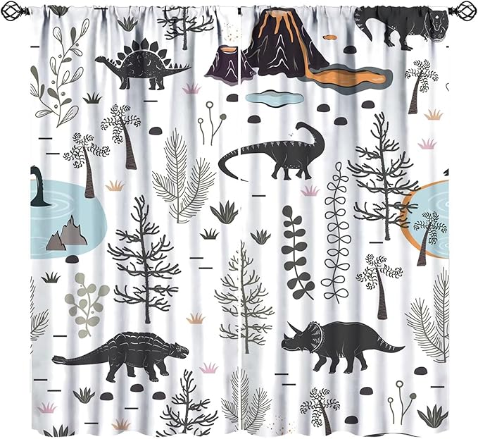 Funny Dinosaur Curtains Cute Dino Cartoon Animals Abstract Aesthetics Art Print for Kids Girls Boys Bedroom Living Room Rod Pocket Decoration Window Drapes 2 Panels W26xL84in