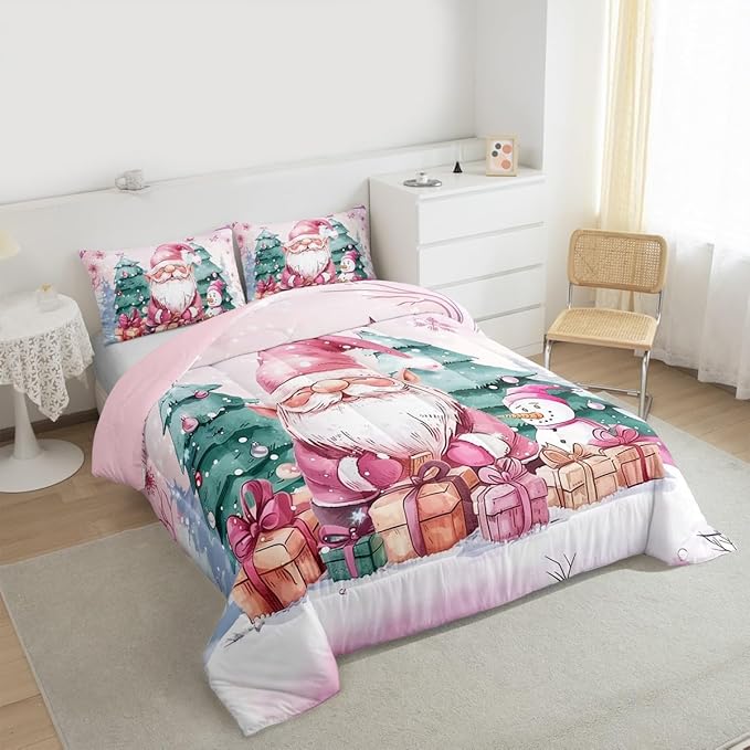 Feelyou Pink Christmas Comforter Set All Season Santa Claus Bedding Set with 1 Pillow Cases Cute Snowflake Kids Toddler Bedclothes Merry Christmas Tree and Snowman Decor Duvet Quilt Soft