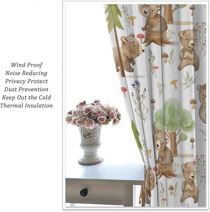 Forest Animal Curtains,Kids Home Bedroom Window Treatments, Cartoon Watercolor Bear Squirrel Woodland Animal Drapes 84x84in