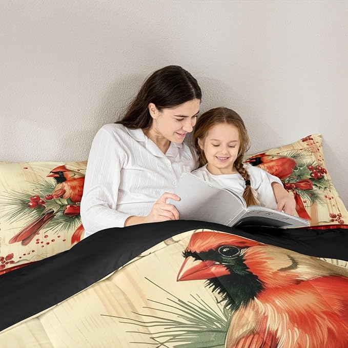 jejeloiu Kids Red Cardinal Comforter Set Twin Size Christmas Red Black Plaid Bow Bedding Set for Boys Girls Teens Xmas Birds Animal Winter Wood Plank Duvet Quilt Room Decor