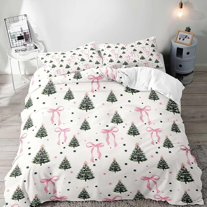 LUVIVIHOME 3PCS Pink Bow Christmas Tree Duvet Cover Queen Bedding Sets, White Duvet Cover, Teen Girls Bedding, Winter Holiday Christmas Comforter Cover, Coquette Room Decor Aesthetic, 2 Pillow Shams