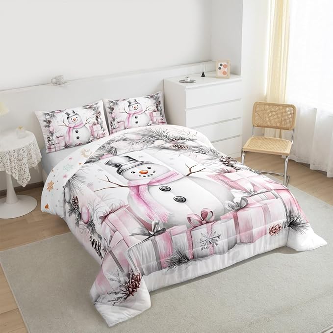 Feelyou Merry Christmas Comforter Set All Season Cute Snowman Bedding Set with 2 Pillow Cases Microfiber Kids Full Bedclothes Snowflake Bedroom Decor Duvet Quilt Breathable Soft
