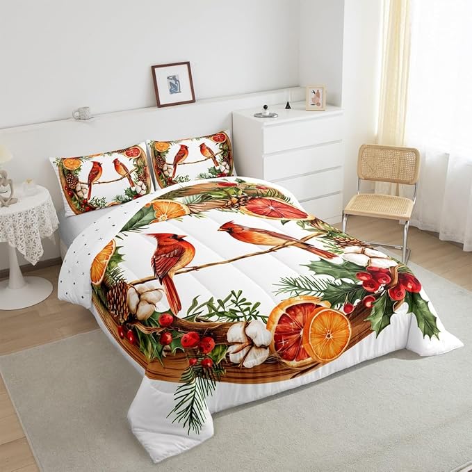 jejeloiu Kids Red Cardinal Comforter Set Full Size Christmas Theme Bedding Set for Boys Girls Teens Xmas Birds Animal Lemon Winter Wood Duvet Quilt Room Decor