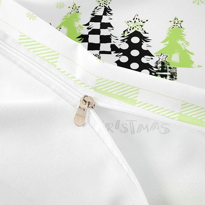 Manfei Xmas Trees Duvet Cover Set King Size, Green Plaid Grid Snowflake Bedding Set for Kids Girls Bedroom Decor, Christmas Theme Comforter Cover New Year Quilt Cover with 2 Pillowcases, No Comforter