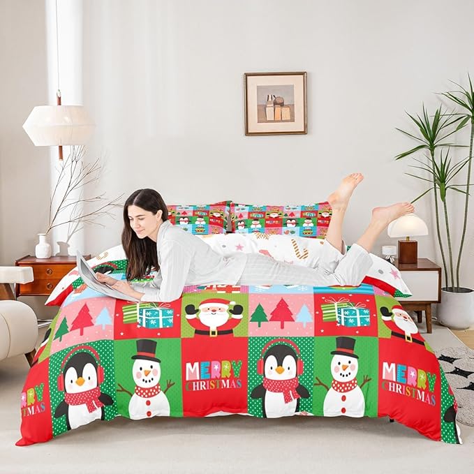 Christmas Bedding Set for Kids Boys Girls Santa Claus Christmas Tree Comforter Cover Set Colorful Geometric Grid Duvet Cover Bedroom Decor Xmas Theme Bedspread Cover King Size Bedding Collection 3Pcs