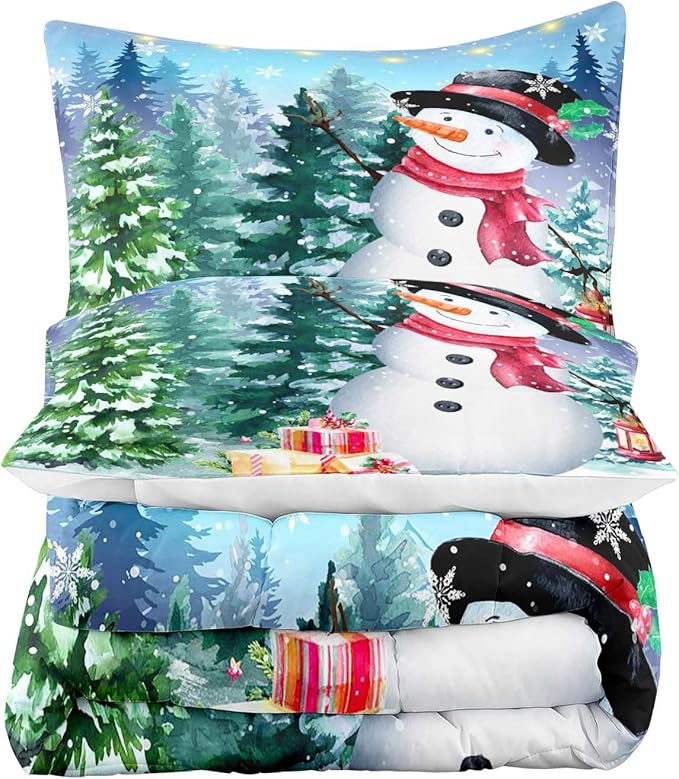 LUVIVIHOME 2PCS Merry Christmas Comforter Set Twin Size, Cute Funny Snowman Bedding, Winter Snowflake Pine Tree Christmas Bedroom Decor for Kids Boys Girls Teens Toddler, Xmas Gifts, 1 Pillow Sham