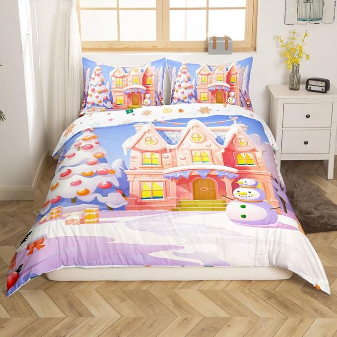 Feelyou Xmas Christmas Comforter Cover Set Christmas House Duvet Cover for Kids Boys Girls Bedroom Bed Decor Christmas Bedding Set Queen Size Soft Bedspread Cover,No Comforter