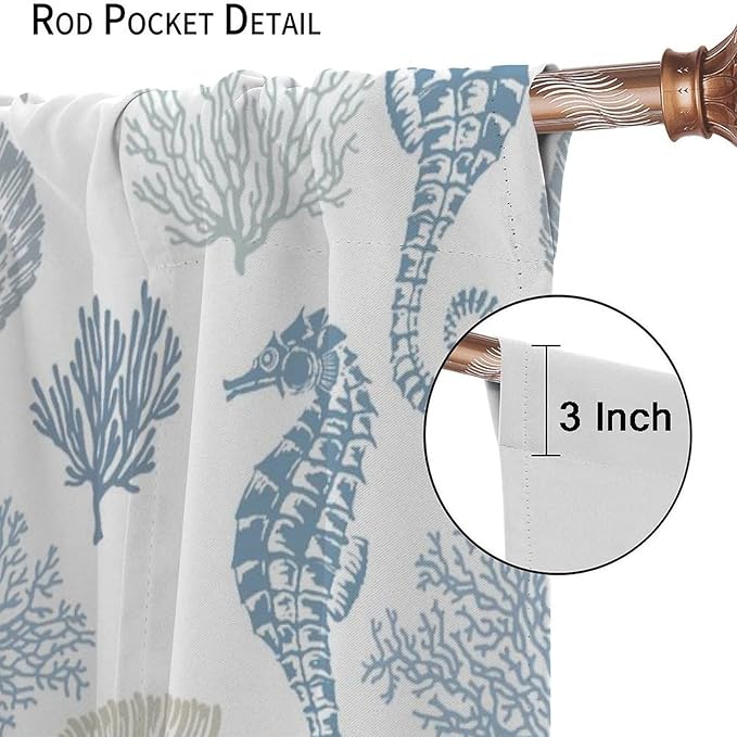 BAEKJIN Seahorse Coral Curtains,Starfish Seashell Beach Sea Starfish Seashell Theme Pattern Print Decor Home Bedroom Living Room Window Treatmen 2 Panel Set 42x45 Inch