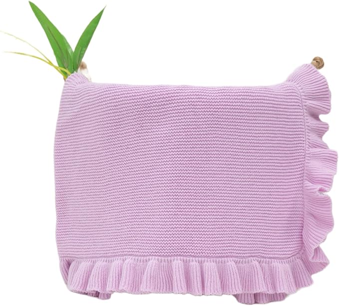 Cotton Baby Blanket with Ruffle Edge Soft Breathable Newborn Blanket for Boys & Girls, Lightweight Knit Throw for Crib, Stroller & Nursery Multiple Colors Available Lilac 30x30