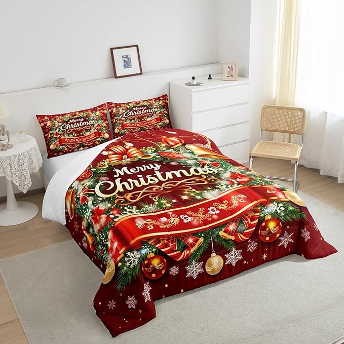 Merry Christmas Comforter Set - Queen Size, Kids Bedding Set with Snowflake & Wreath Pattern, Red Xmas Ball Glitter Duvet Insert (3Pcs), Quilt Set with 2 Pillowcases