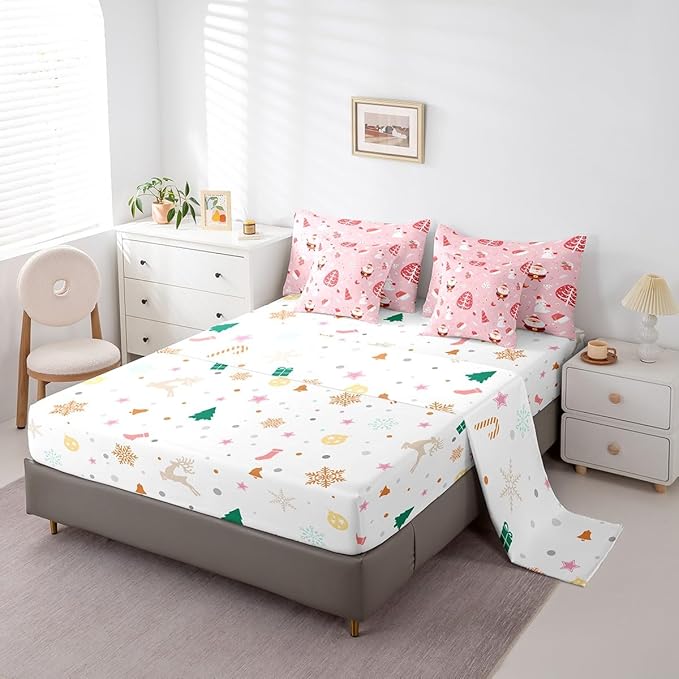 Santa Claus Bed in a Bag Cute Rabbit Kawaii Pink Comforter Set with Sheets for Kids Boys Girls Decor Merry Christmas Bed Set Girly Pink Bedding Set Bedroom Collection Full Size