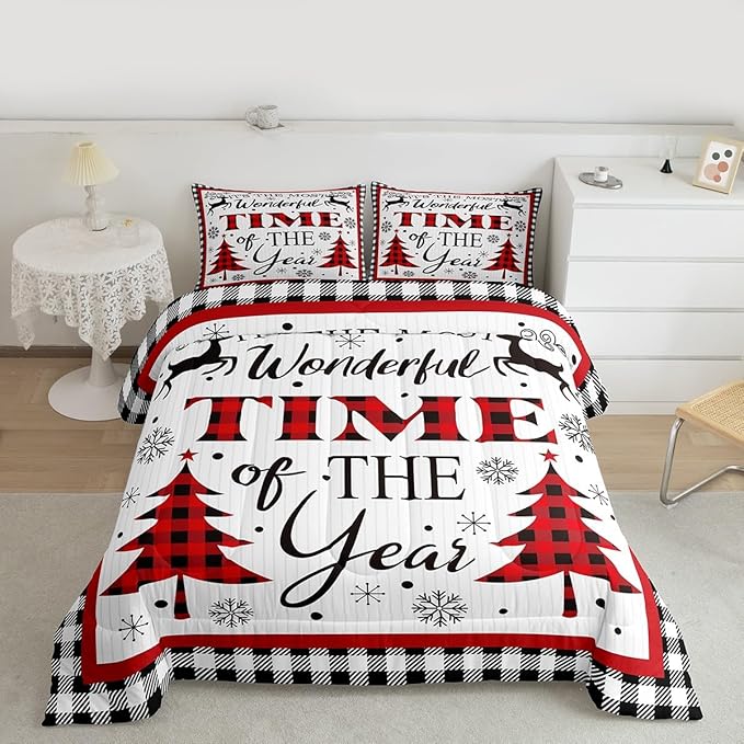 Merry Christmas Kids Comforter Set Full Size,Snowflake Deer Pine Trees Romantic Bedding,Girls Boys Adults Bedroom/Xmas Cabin Decor,Grids Stylish Down Comforter,Rustic Duvet Insert,2 Pillowcases