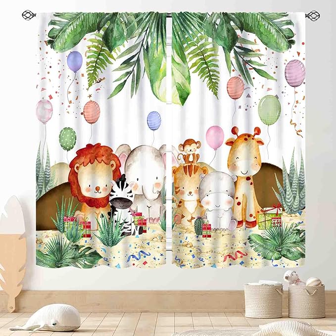 Jungle Safari Animals Curtains, Cartoon Animals Lion Giraffe Elephant Woodland Tropical Leaf Green Window Drapery for Kids Boys Girls Baby Living Room Bedroom Nursery 2 Panels, 52"x84" Inch