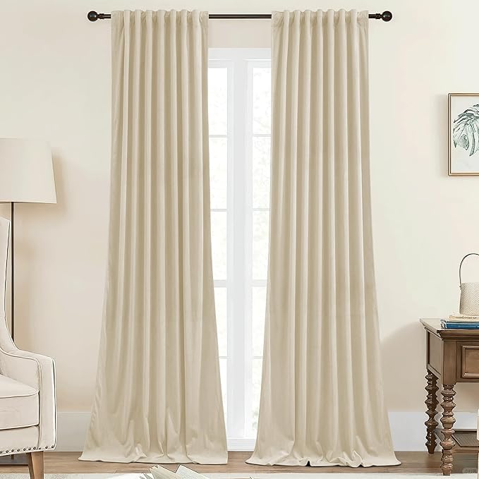 StangH Beige Curtains 90 inches Long Soft Velvet Light Dimming Privacy Drapes for Nursery Bedroom, Back Tab Thermal Insulated Sliding Door Panels, W42 x L90, 2 Panels