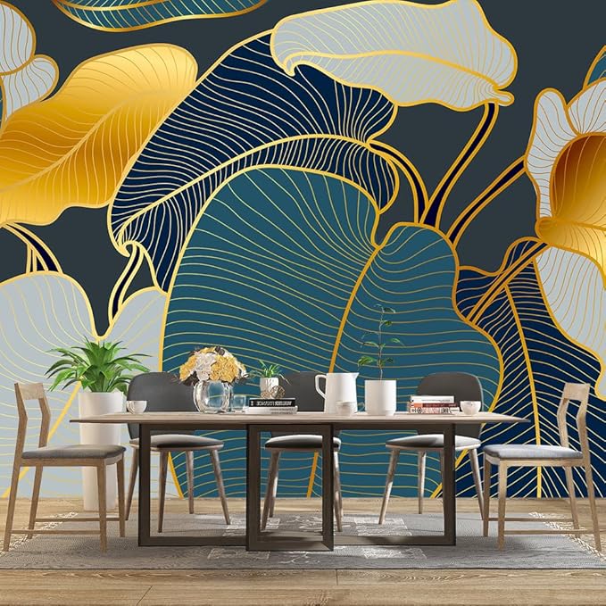 Golden Botanical Leaf wallpeper Living Room Bedroom Wall Mural - 91"x65"（Not Peel and Stick）