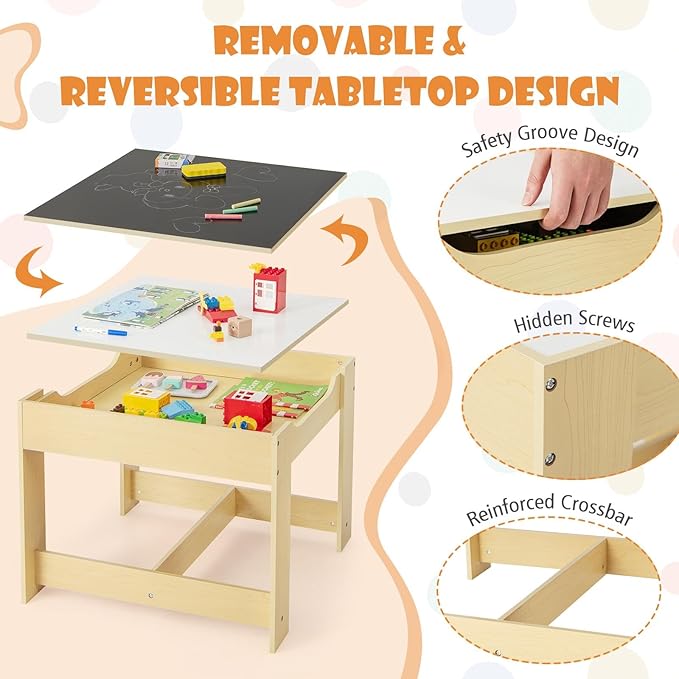 HONEY JOY Kids Table and Chairs, 3-in-1 Children Wooden Activity Set with Storage, Detachable Tabletop, for Art, Craft, Drawing, Reading, Gift for Toddlers Boys Girls 3-7 Years Old (Natural)