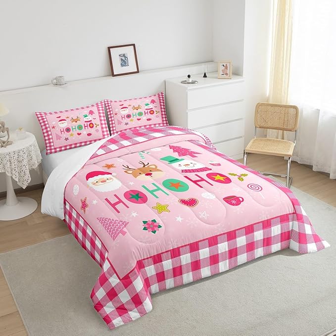 Merry Christmas Kids Comforter Set Twin Size,Cartoon Santa Claus Snowman Deer Bedding Set,Boys Girls Adults Room Decor,Geometric Grids Fashion Down Comforter,Pink Xmas Duvet Insert,1 Pillowcase