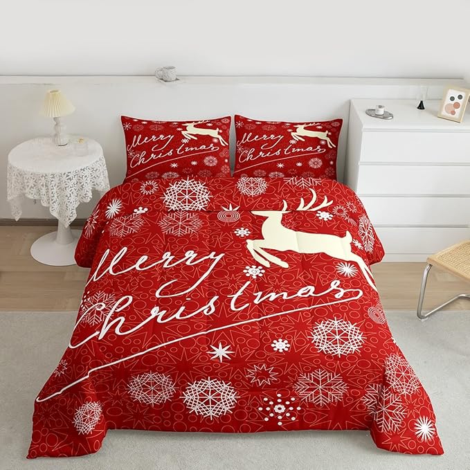 Merry Christmas Kids Comforter Set King Size,Deer Animal Silhouette Bedding,Girls Boys Adults Bedroom/Xmas Cabin Decor,Snowflake Dot Graffiti Down Comforter,Red Romantic Duvet Insert,2 Pillowcases