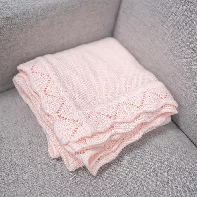Baby Knit Blanket Soft Breathable Cotton Scallop Border Blankets Newborn Knitted Blanket Swaddle Blankets Gifts for Baby Newborn Toddler Shower Boy Girl New Mom Birthday Christmas Pink 30x30