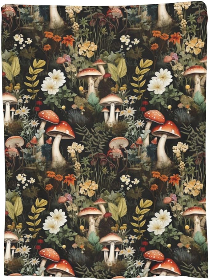 Mushroom Blanket Gifts Floral Weed Flannel Throw Blankets for Home Decor Couch Bed Sofa Soft Fuzzy Lightweight for All Season 80x60 Inches