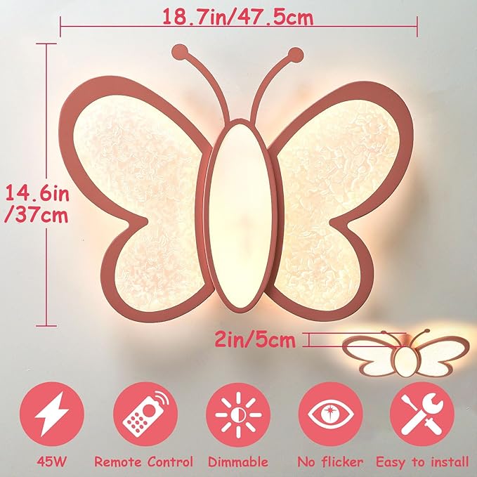 Dimmable LED Flush Mount Ceiling Light Fixture with Remote Control, 18.7Inch 36W Pink Butterfly Modern Ceiling Lamp for Girl Room Baby Kids Room Bedroom Nursery Dining Room Kitchen