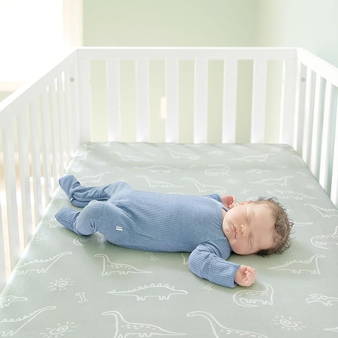 GRSSDER Stretch Ultra Soft Jersey Knit Fitted Crib Sheets Set 2 Pack，Fit All Standard Crib Mattress Pads Safe and Snug, Crib Fitted Sheet for Baby, Dinosaur