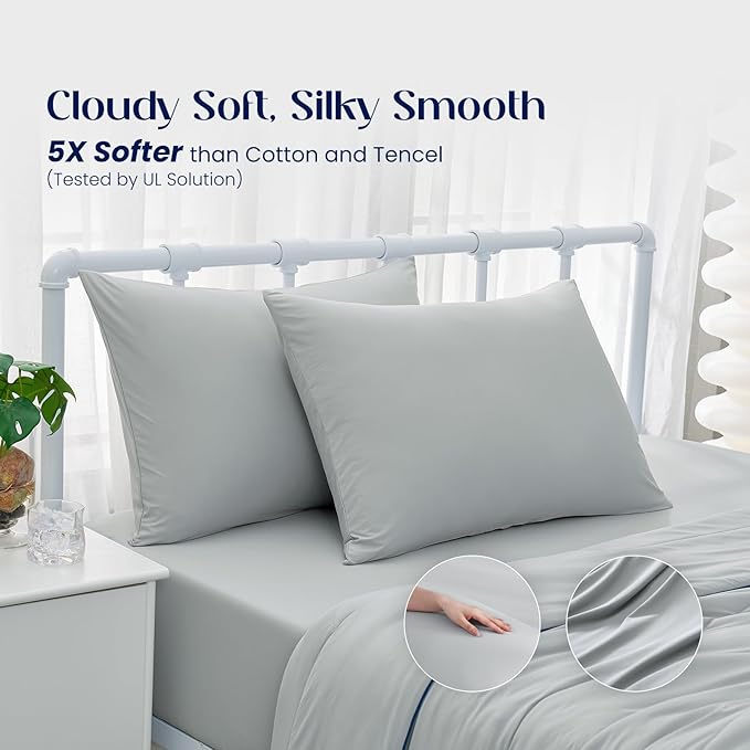 Dream Valley® Twin Sheets Set, Cooling Fitted Sheet with 1 Pillowcase-2 PCS with No Flat Sheet,Q-Max > 0.4 Aerocool, Cooling for Night Sweats, Hot Sleepers,deep Pocket up to 15",Cool Grey