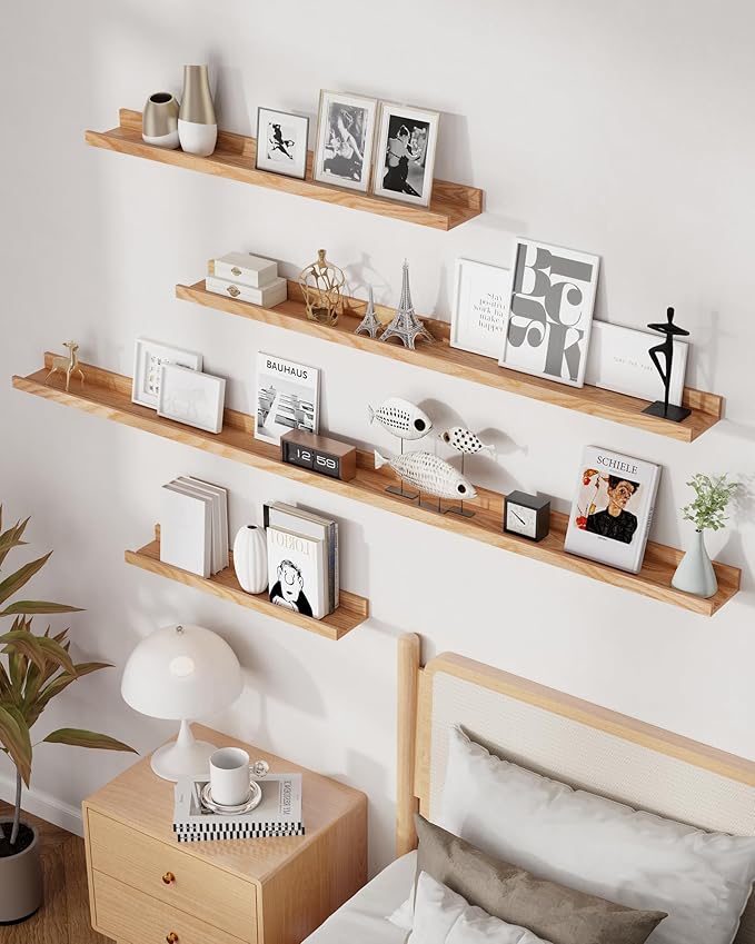 Axeman Oak Picture Ledge Shelf, 48 Inch Floating Shelves Set of 2, Solid Oak Wood Wall Shelves with Lip, Wall Decor Storage for Bedroom Living Room Bathroom Kitchen Nursery Photo Picture, Natural Oak