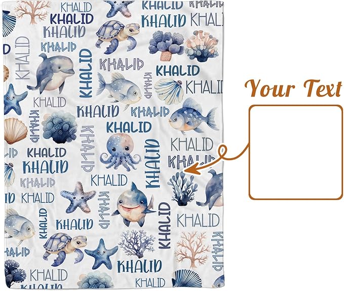 Personalized Baby Blanket with Name, Customized Blanket for Newborn Boys Girls, Ocean Animals Flannel Baby Name Blanket with Dotted Backing, Receiving Swaddle, Gifts for New Parents(30”x40)