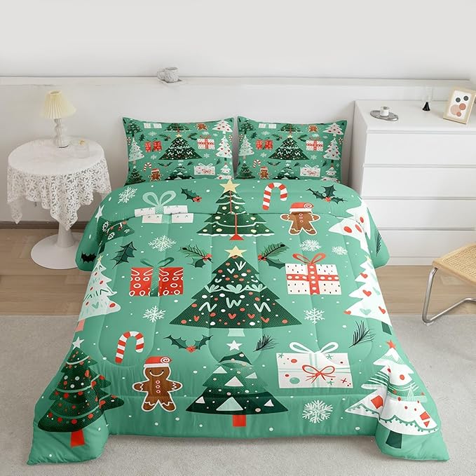 Feelyou Christmas Bedding Set Soft for Boys Girls, Xmas Tree Snowflake Comforter Set King Size Gingerbread Man Duvet Quilt Microfiber New Year Gift Bedroom Decor 3 Pcs with 2 Pillow Cases