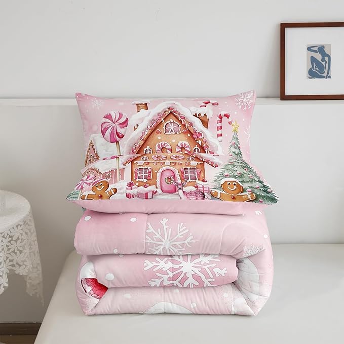 Gingerbread House Kids Comforter Set Toddler Size,Gingerbread Man Xmas Tree Cabin Deer Bedding Set,Girls Women Room Decor,Christmas Snowflake Down Comforter,Pink Brown Duvet Insert,1 Pillowcase