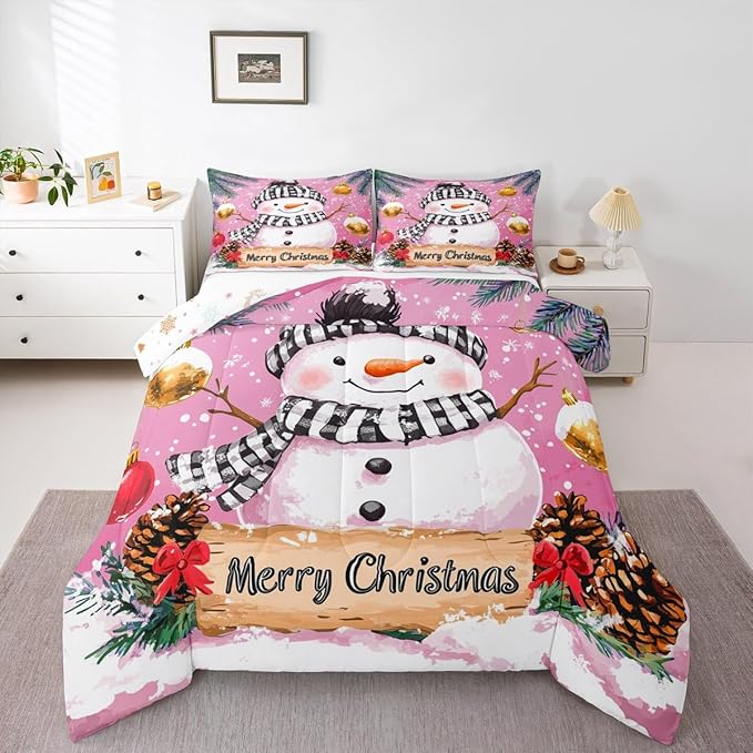 Feelyou Merry Christmas Bedding Set Soft for Boys Girls, Cute Snowman Comforter Set King Size Snowflake Duvet Quilt Microfiber Winter Bedroom Decor 3 Pcs with 2 Pillow Cases