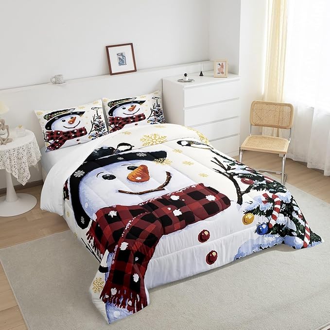 Feelyou Kids Christmas Theme Decorations Bedding Set Xmas Snowman Comforter Set for Boys Girls Snowflake Kawaii Cute Beige Golden Bedroom Collection Twin Size
