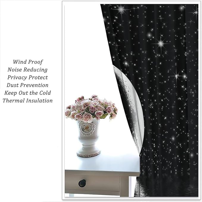 Night Starry Sky Curtain, Black Moon Phase Cloud Stars White New Moon Sparkly Shiny Galaxy Space Lake Fantasy Window Curtains for Kids Boys Girls Room Bedroom Living Room 72" W X 63" L