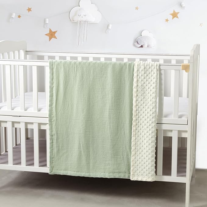 CREVENT 2Pcs 30''X40'' Cute Cozy Fluffy Warm Baby Blankets for Infants Toddlers' Bedding Crib Cot Stroller - Grey Cloud + Muslin Green