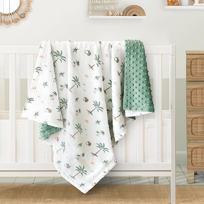 BOPRIO Muslin Baby Blankets for Boys Girls, Ultra Soft Nursery Minky Blankets with Breathable Cotton Front and Dotted Fleece Backing, Crib Blanket for Baby Infant Toddler, 30 x 40 Inch